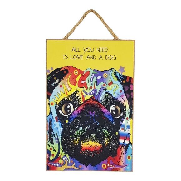 Dean Russo All You Need is Love And A Dog Door Hanger Pug Gift Home Decor Yellow - Picture 8 of 8